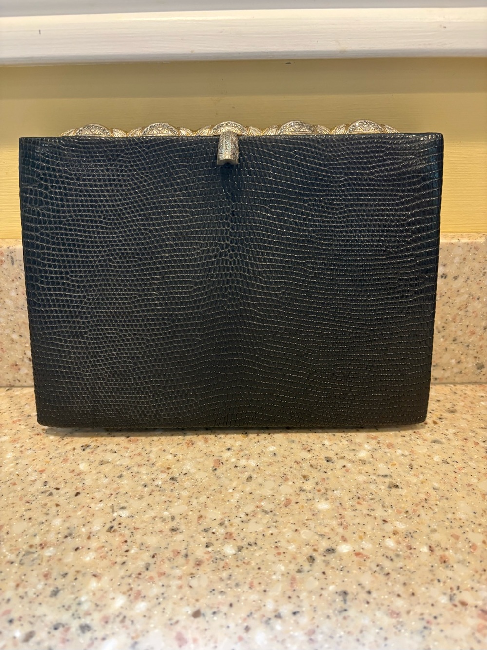 Mid Century Black Lizard Embossed Clutch with Hinge Closure & Metallic Top